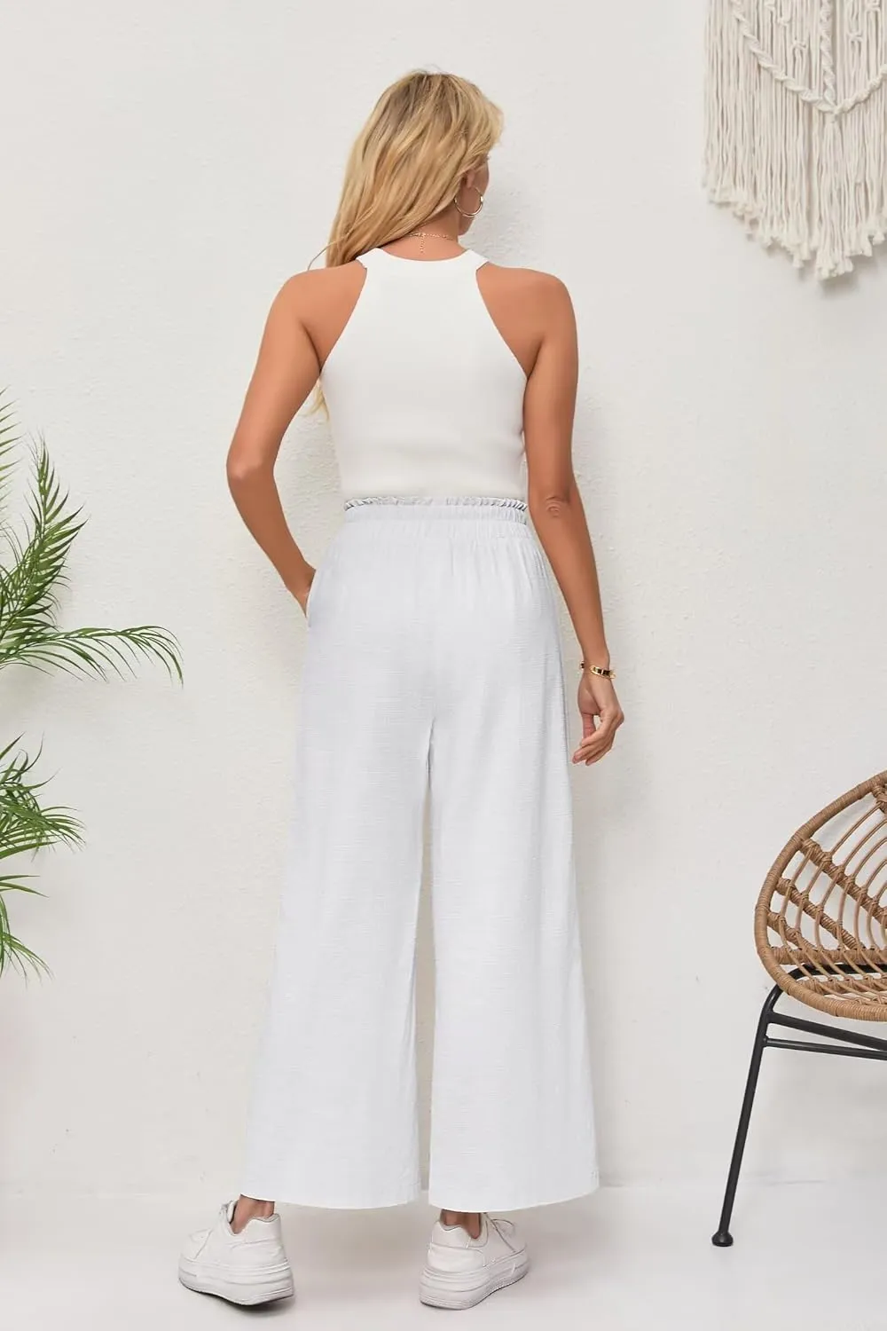 Women's Linen Pants Relaxed Fit High Waisted Boho Chic Ankle Pants Summer Beach Vacation Wide Leg Trousers