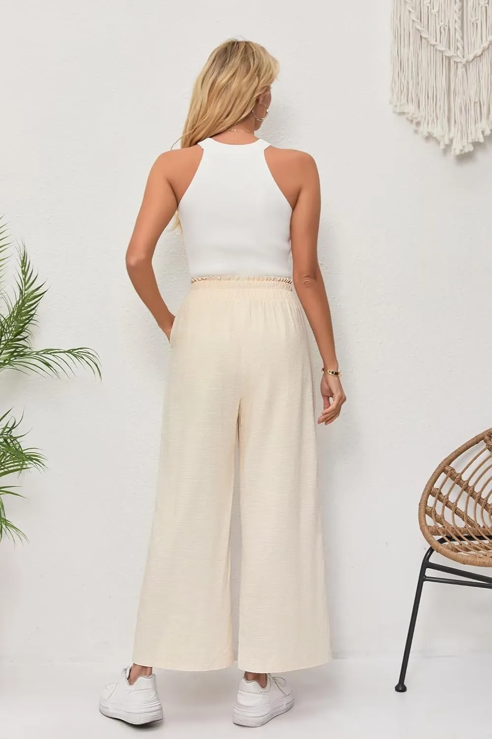 Women's Linen Pants Relaxed Fit High Waisted Boho Chic Ankle Pants Summer Beach Vacation Wide Leg Trousers