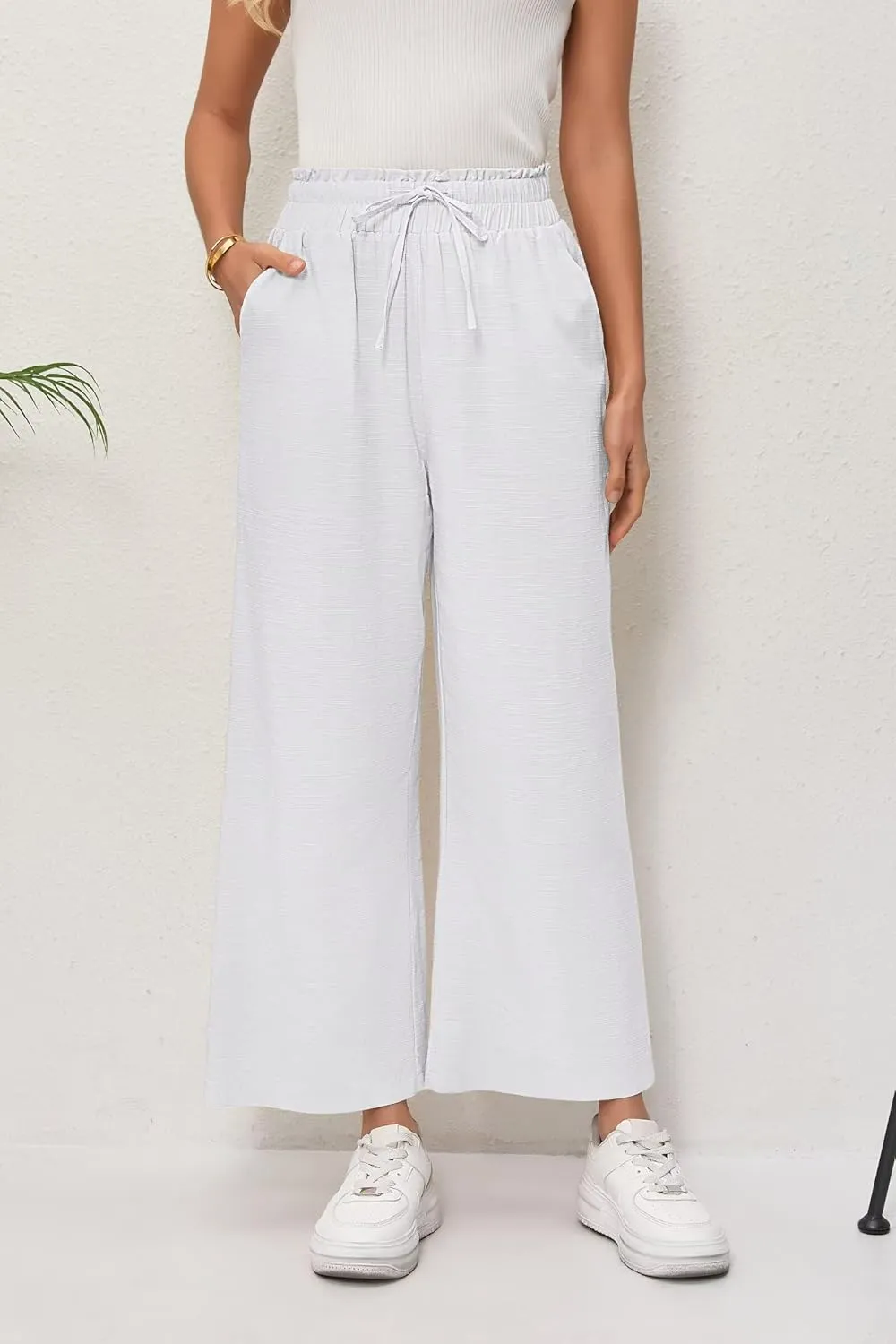 Women's Linen Pants Relaxed Fit High Waisted Boho Chic Ankle Pants Summer Beach Vacation Wide Leg Trousers