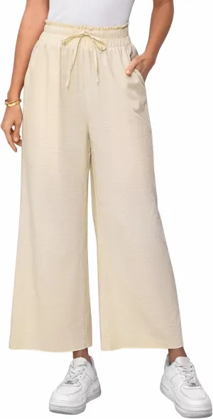 Women's Linen Pants Relaxed Fit High Waisted Boho Chic Ankle Pants Summer Beach Vacation Wide Leg Trousers