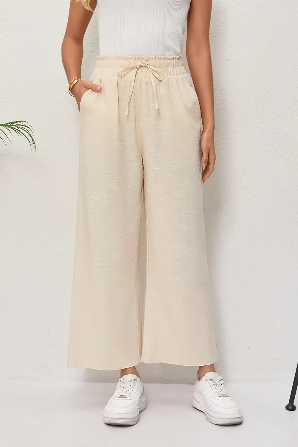 Women's Linen Pants Relaxed Fit High Waisted Boho Chic Ankle Pants Summer Beach Vacation Wide Leg Trousers