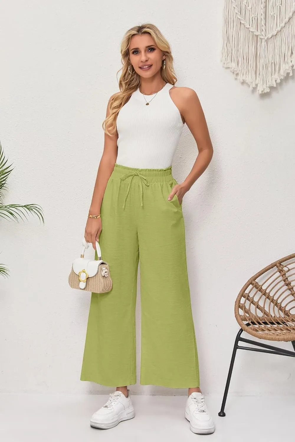 Women's Linen Pants Relaxed Fit High Waisted Boho Chic Ankle Pants Summer Beach Vacation Wide Leg Trousers