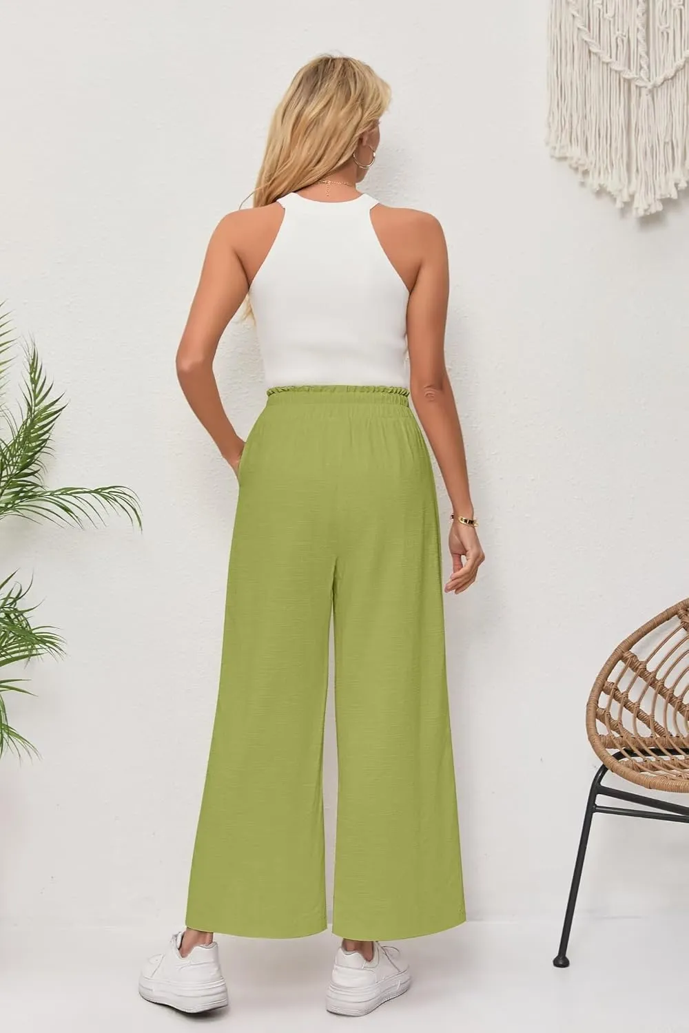 Women's Linen Pants Relaxed Fit High Waisted Boho Chic Ankle Pants Summer Beach Vacation Wide Leg Trousers