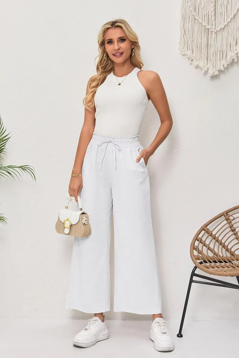 Women's Linen Pants Relaxed Fit High Waisted Boho Chic Ankle Pants Summer Beach Vacation Wide Leg Trousers