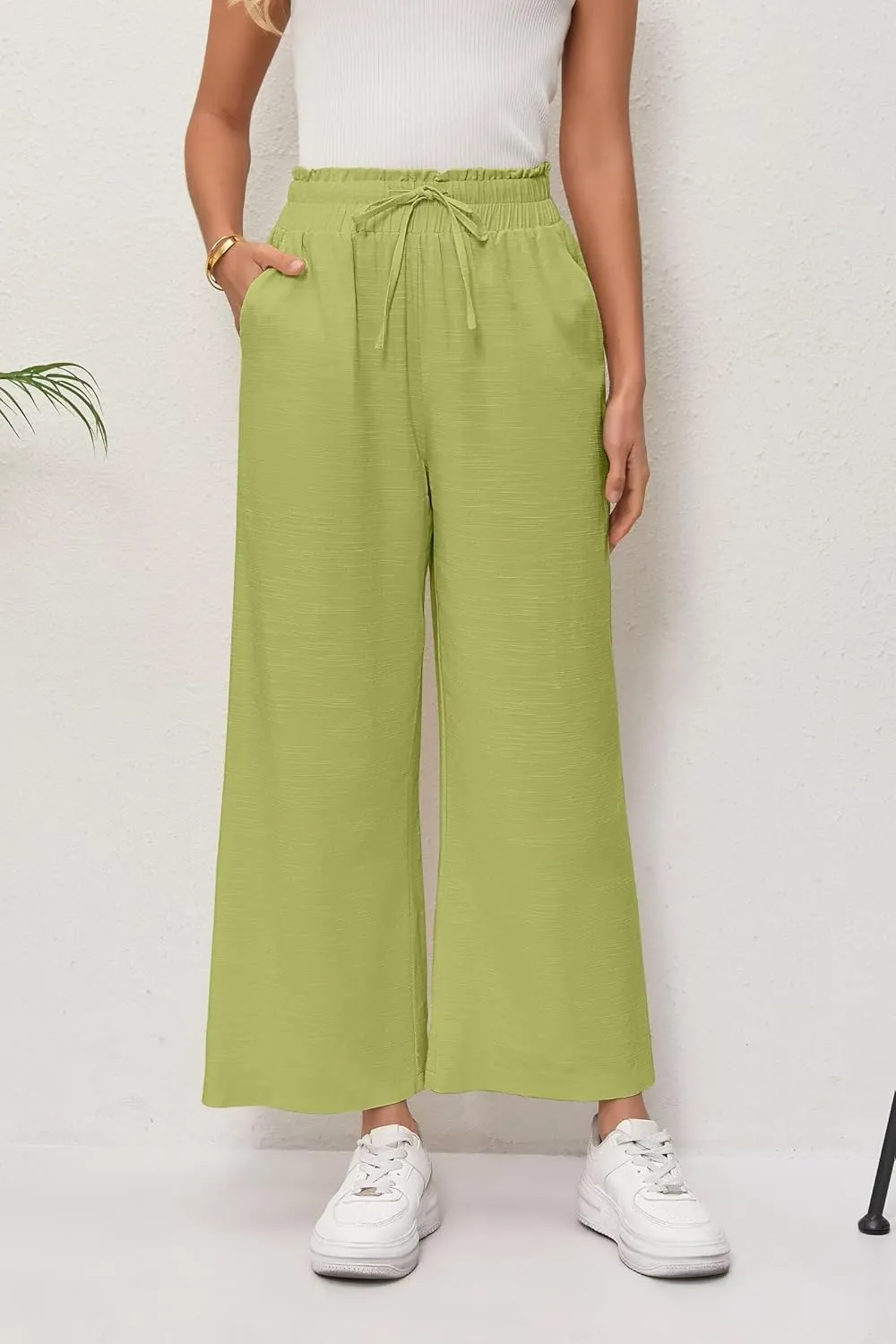 Women's Linen Pants Relaxed Fit High Waisted Boho Chic Ankle Pants Summer Beach Vacation Wide Leg Trousers