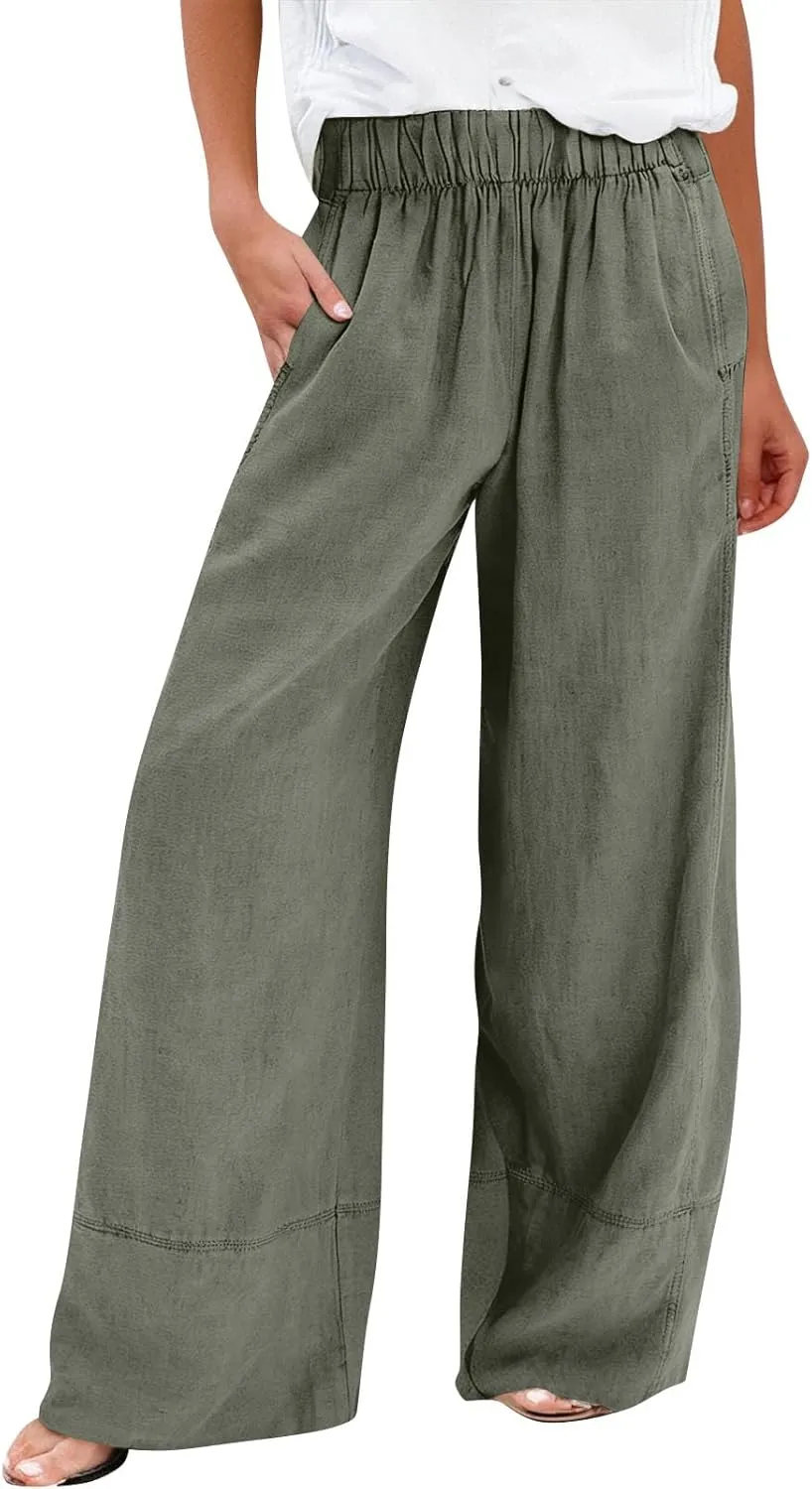 Womens Linen Pants Summer Cotton High Waist Palazzo Pants Baggy Casual Relaxed Fit Flowy Boho Beach Trousers Pockets