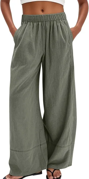 Womens Linen Pants Summer Cotton High Waist Palazzo Pants Baggy Casual Relaxed Fit Flowy Boho Beach Trousers Pockets