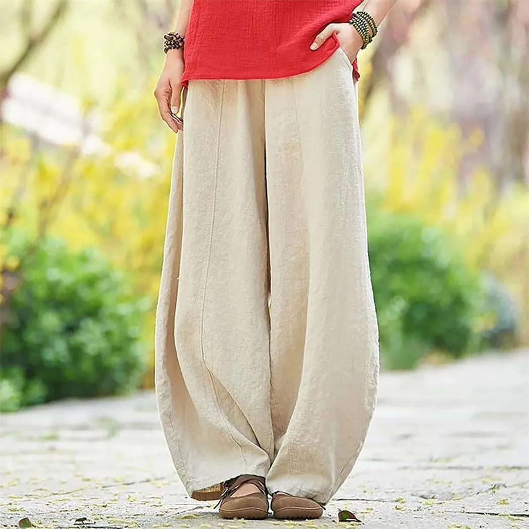 Womens Linen Pocket Pants High Waist Elastic Straight Breathable Cotton Blend Loose Trousers
