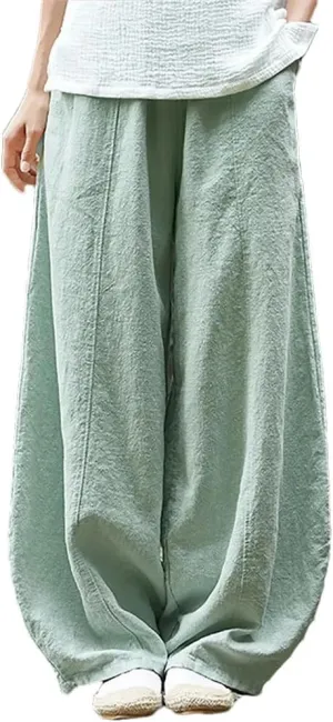 Womens Linen Pocket Pants High Waist Elastic Straight Breathable Cotton Blend Loose Trousers
