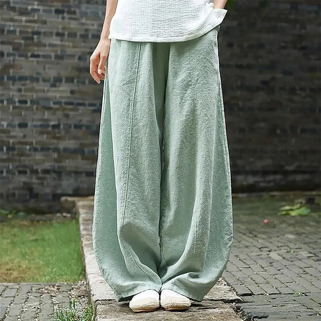 Womens Linen Pocket Pants High Waist Elastic Straight Breathable Cotton Blend Loose Trousers