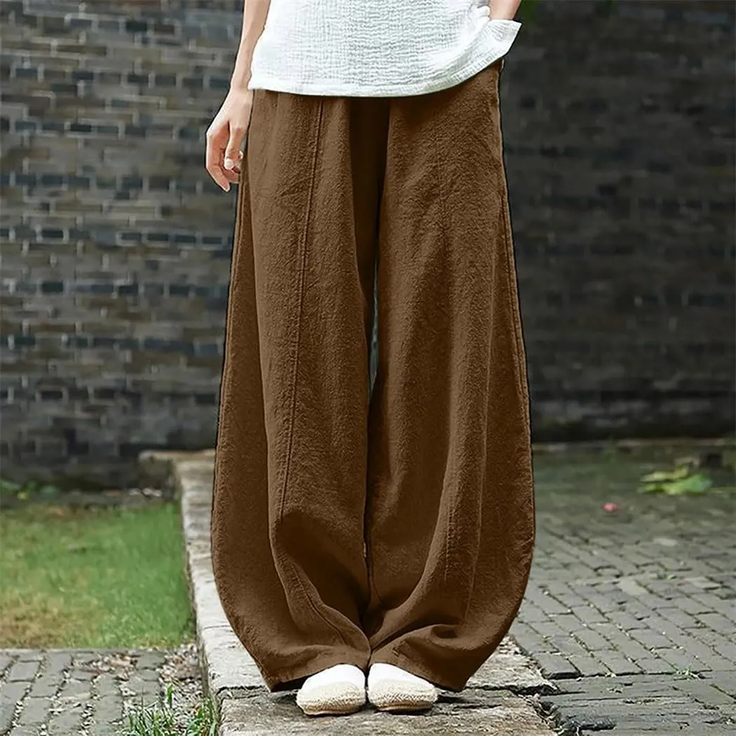 Womens Linen Pocket Pants High Waist Elastic Straight Breathable Cotton Blend Loose Trousers