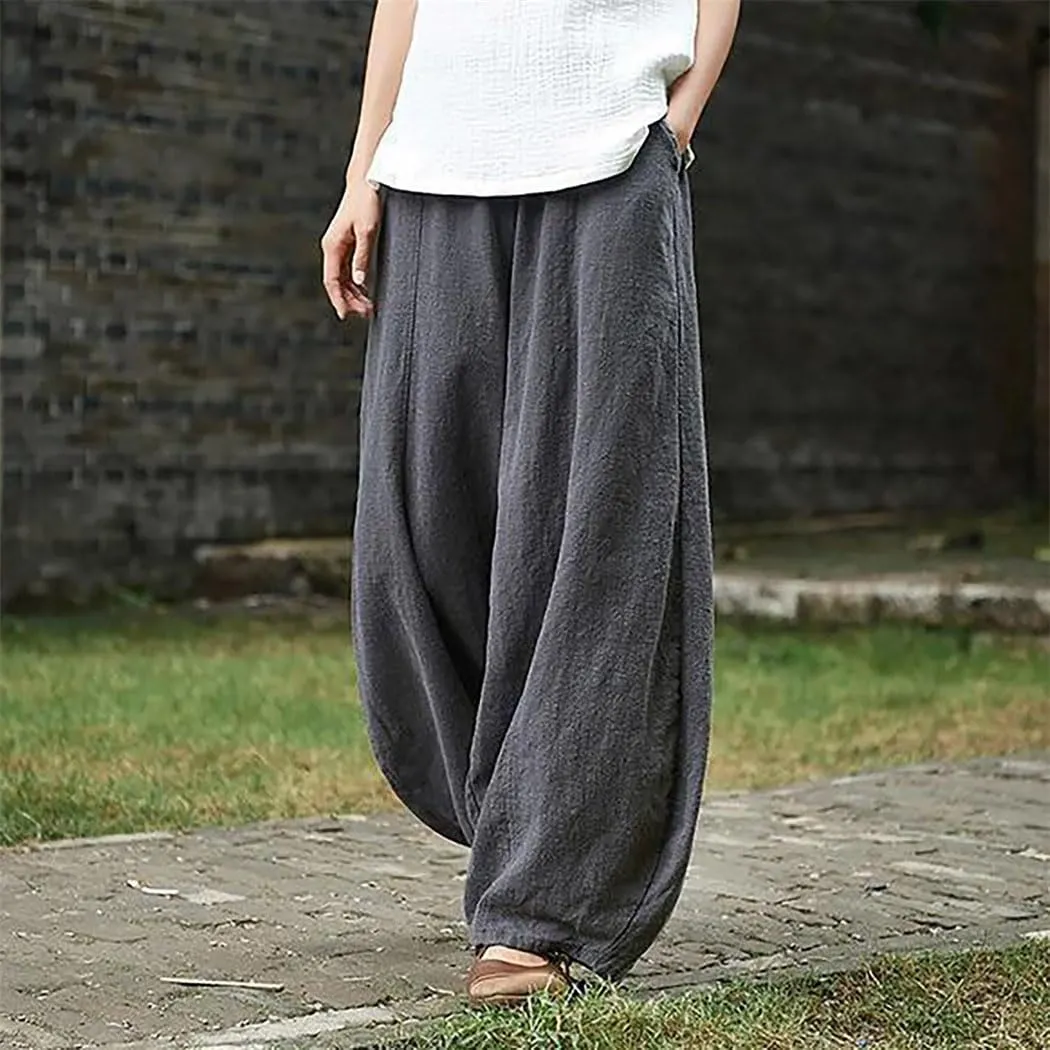 Womens Linen Pocket Pants High Waist Elastic Straight Breathable Cotton Blend Loose Trousers