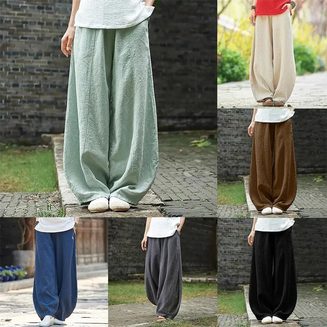 Womens Linen Pocket Pants High Waist Elastic Straight Breathable Cotton Blend Loose Trousers