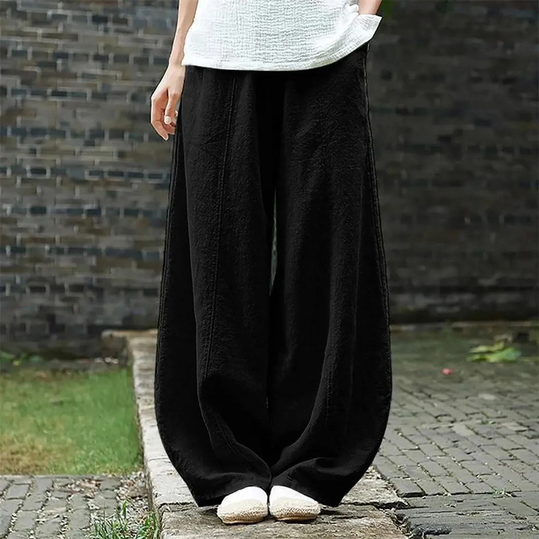 Womens Linen Pocket Pants High Waist Elastic Straight Breathable Cotton Blend Loose Trousers