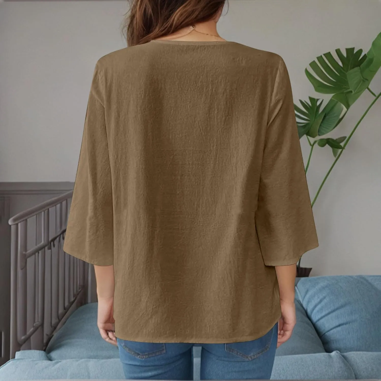 Women's Linen Shirts Dressy 3/4 Sleeve V Neck Cotton Blouses Casual Loose Lace Tunic Tops Summer Vacation Outfits