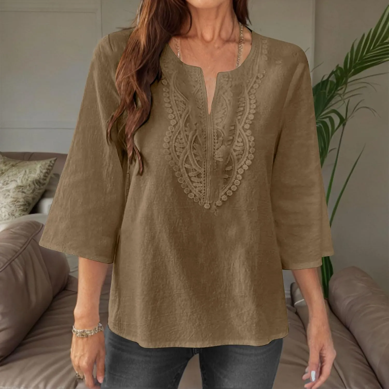 Women's Linen Shirts Dressy 3/4 Sleeve V Neck Cotton Blouses Casual Loose Lace Tunic Tops Summer Vacation Outfits
