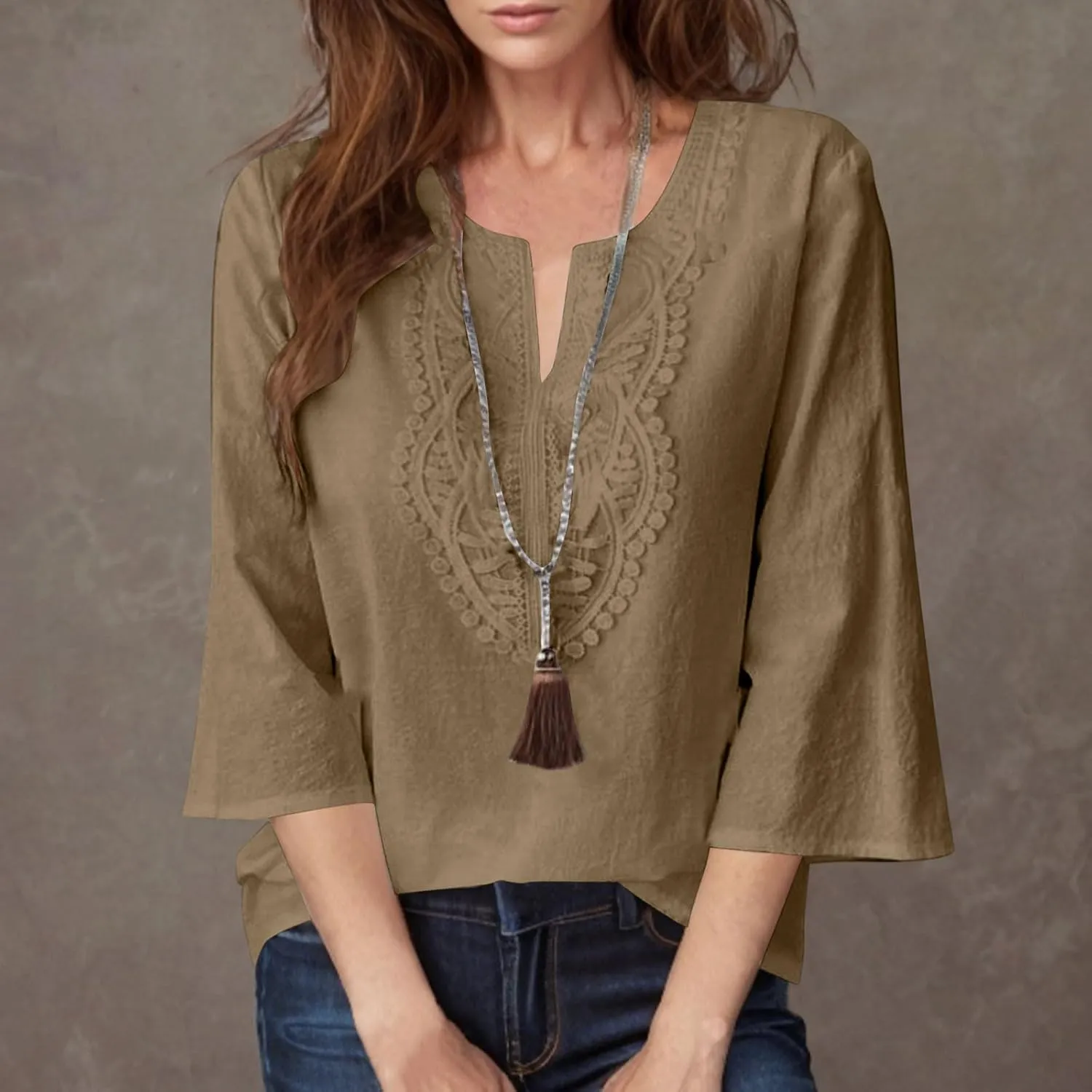 Women's Linen Shirts Dressy 3/4 Sleeve V Neck Cotton Blouses Casual Loose Lace Tunic Tops Summer Vacation Outfits