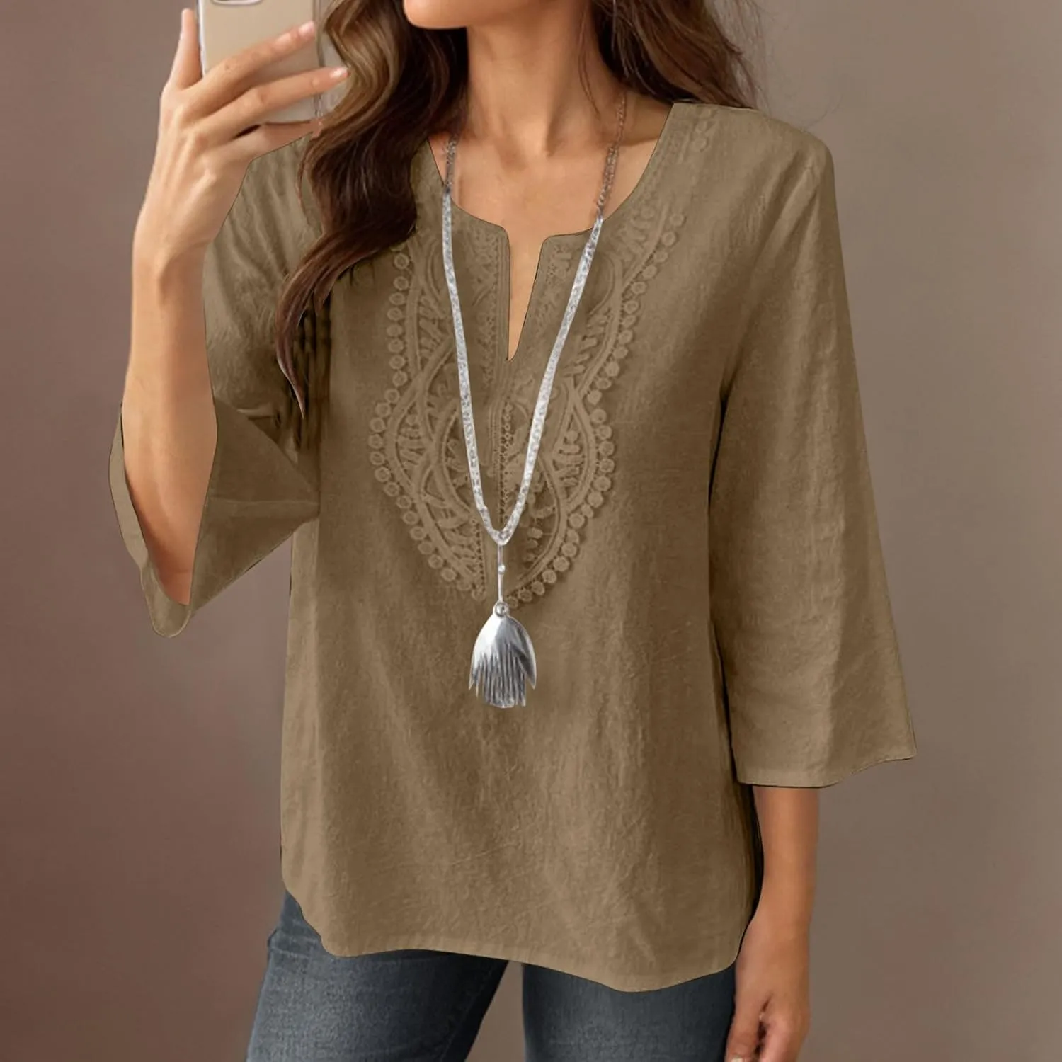 Women's Linen Shirts Dressy 3/4 Sleeve V Neck Cotton Blouses Casual Loose Lace Tunic Tops Summer Vacation Outfits