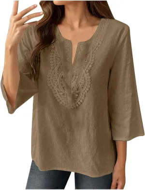 Women's Linen Shirts Dressy 3/4 Sleeve V Neck Cotton Blouses Casual Loose Lace Tunic Tops Summer Vacation Outfits