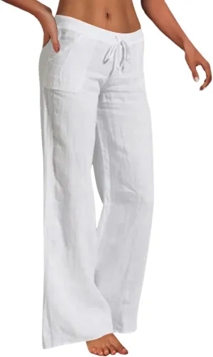 Womens Linen Wide Leg Pants 2024 Casual Loose Lightweigt Beach Palazzo Harem Pants High Waisted Pants Comfy Trousers