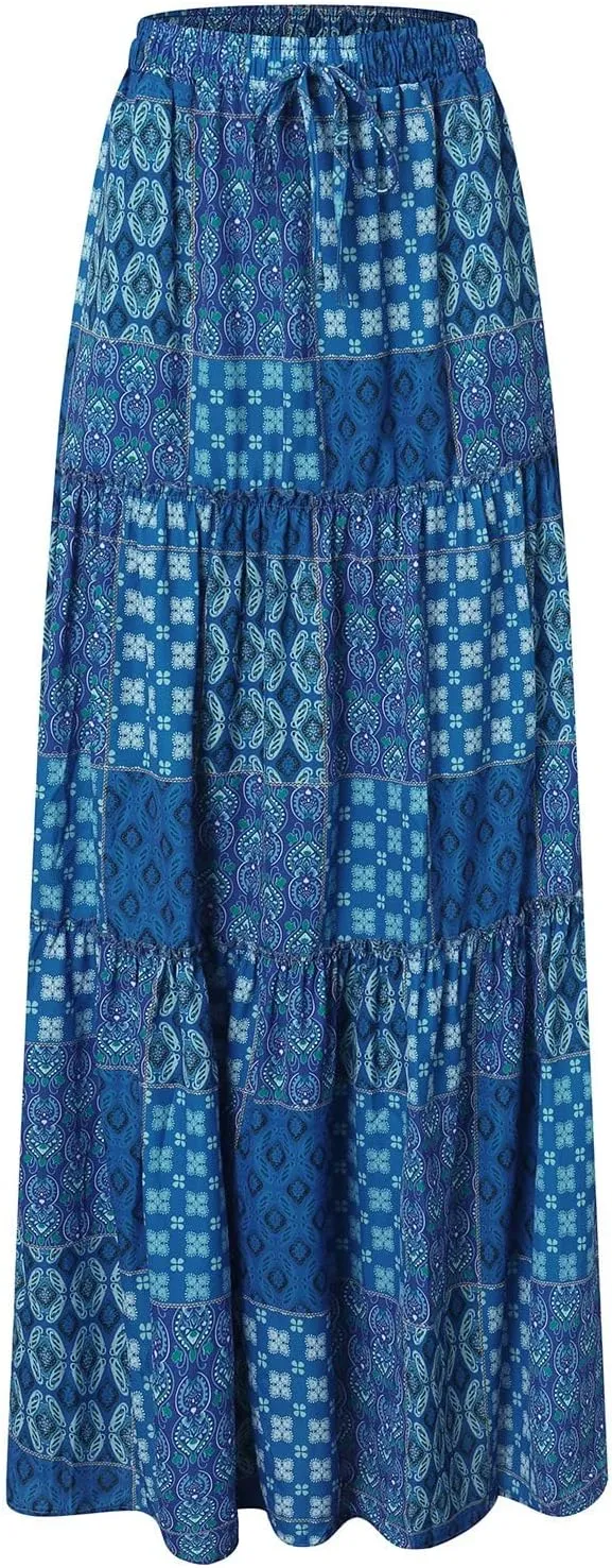 Womens Long Boho Flowers High Elastic Waist with Pockets and Belt Maxi Skirt Pleated Skirt Two Piece Skirt (Blue, XL)