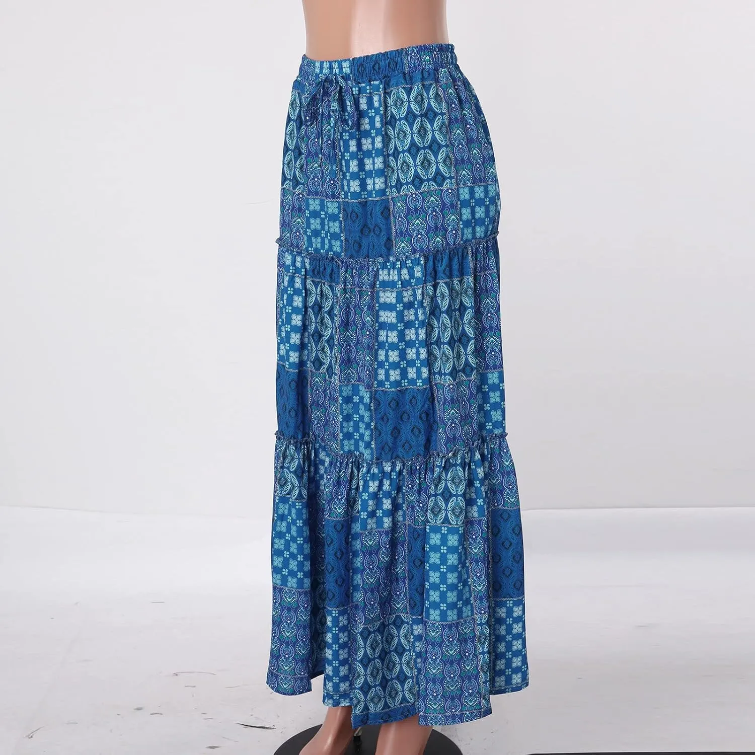 Womens Long Boho Flowers High Elastic Waist with Pockets and Belt Maxi Skirt Pleated Skirt Two Piece Skirt (Blue, XL)