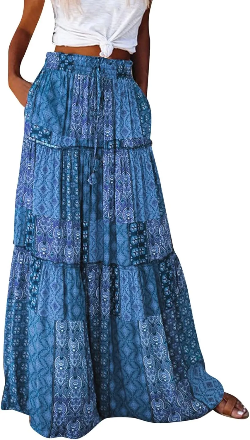 Womens Long Boho Flowers High Elastic Waist with Pockets and Belt Maxi Skirt Pleated Skirt Two Piece Skirt (Blue, XL)
