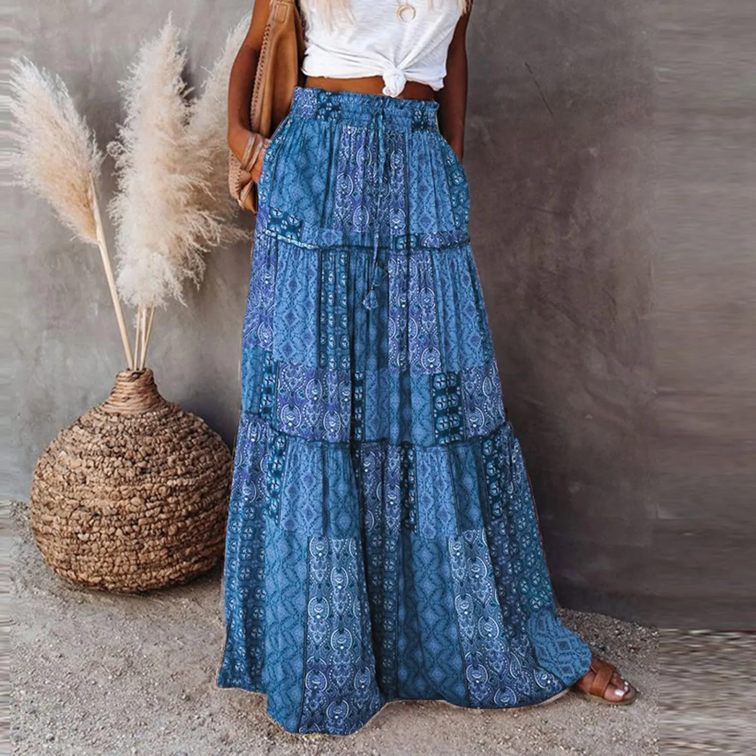 Womens Long Boho Flowers High Elastic Waist with Pockets and Belt Maxi Skirt Pleated Skirt Two Piece Skirt (Blue, XL)