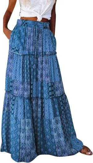 Womens Long Boho Flowers High Elastic Waist with Pockets and Belt Maxi Skirt Pleated Skirt Two Piece Skirt (Blue, XL)