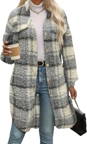 Women's Long Flannel Plaid Jacket Shacket Lightweight Button Down Fuzzy Fleece Shirts Trendy Sherpa Trench Coat