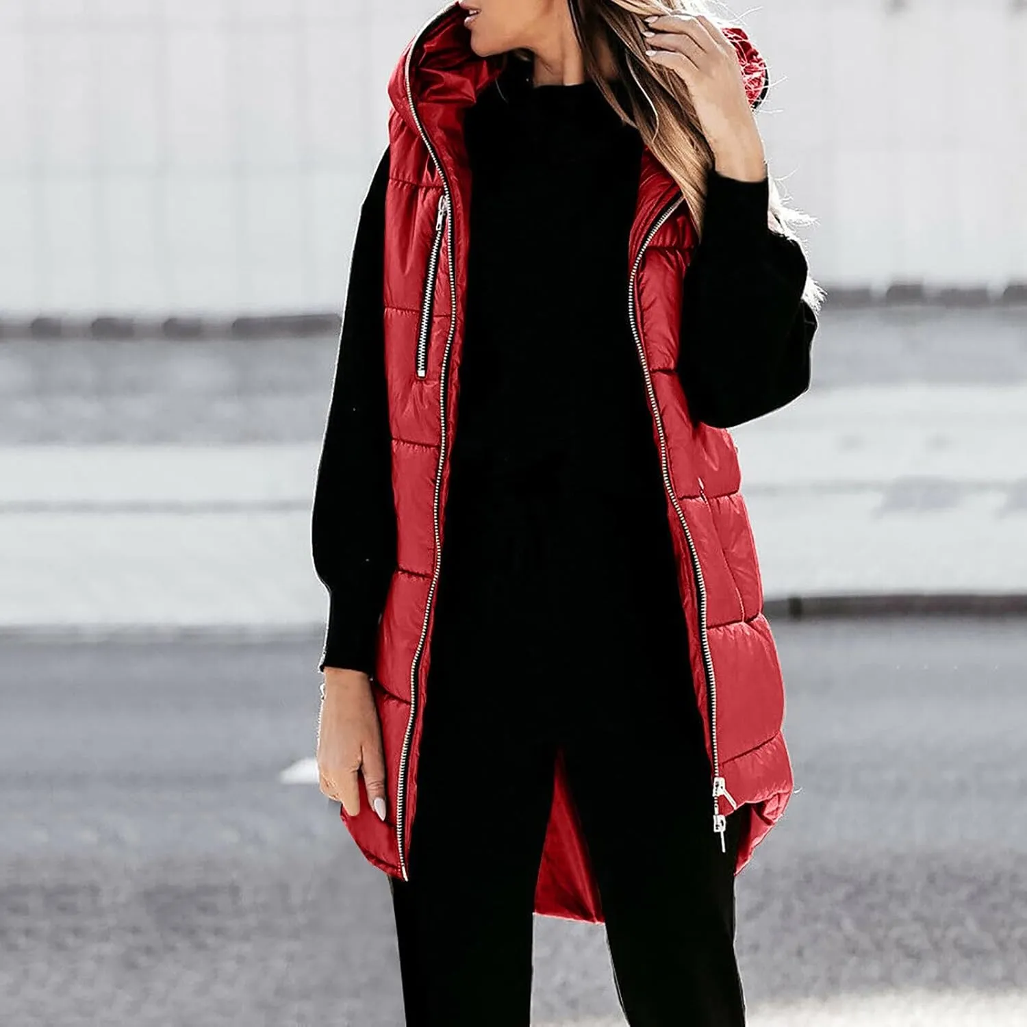 Women's Long Quilted Vest Hooded Full-Zip Sleeveless Down Coat Outwear With Pockets 2024 Winter Warm Padded Jacket