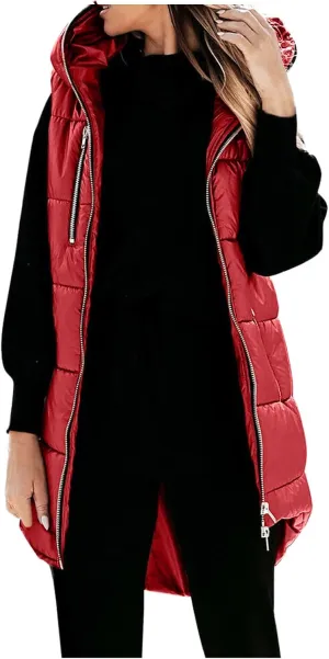 Women's Long Quilted Vest Hooded Full-Zip Sleeveless Down Coat Outwear With Pockets 2024 Winter Warm Padded Jacket