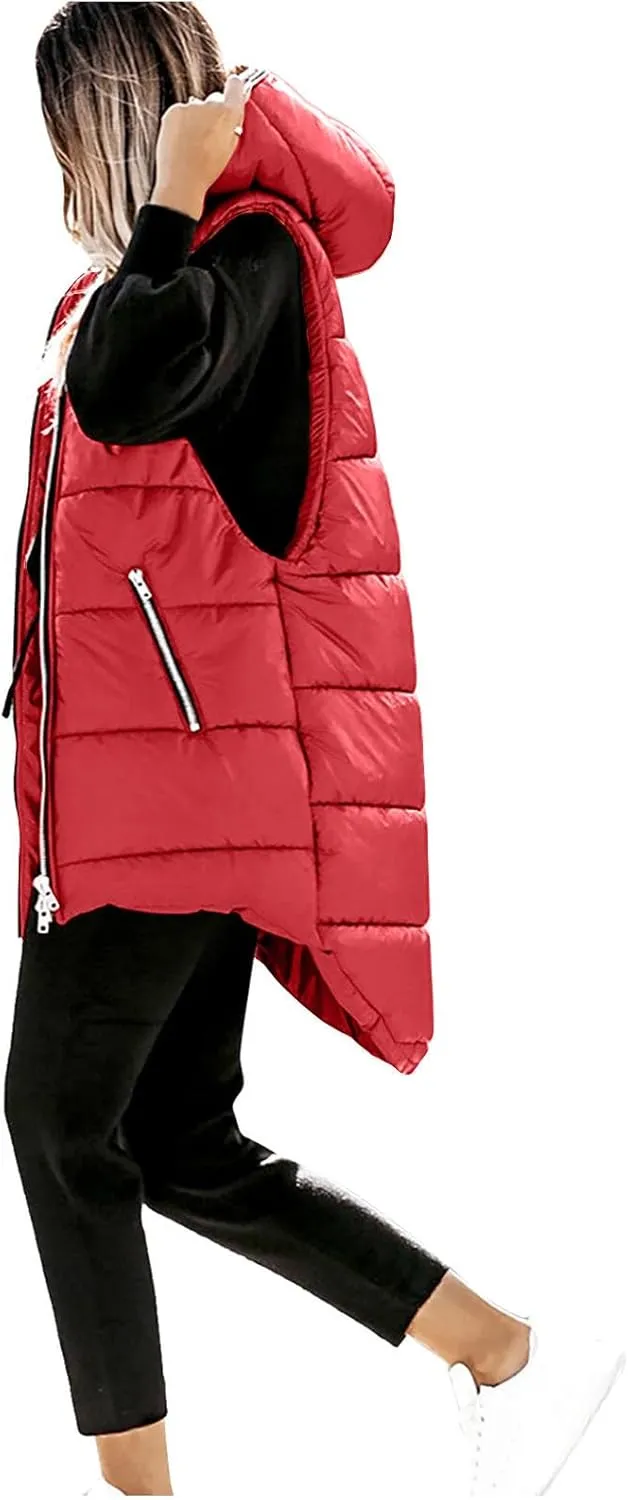 Women's Long Quilted Vest Hooded Full-Zip Sleeveless Down Coat Outwear With Pockets 2024 Winter Warm Padded Jacket