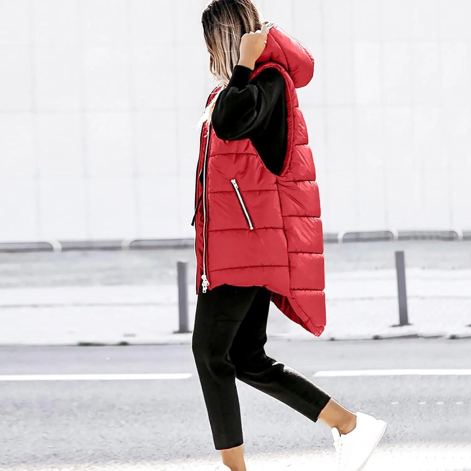 Women's Long Quilted Vest Hooded Full-Zip Sleeveless Down Coat Outwear With Pockets 2024 Winter Warm Padded Jacket