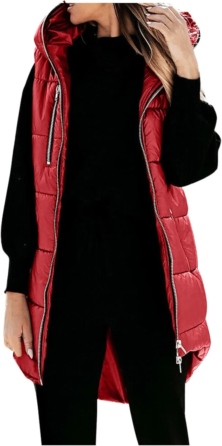 Women's Long Quilted Vest Hooded Full-Zip Sleeveless Down Coat Outwear With Pockets 2024 Winter Warm Padded Jacket
