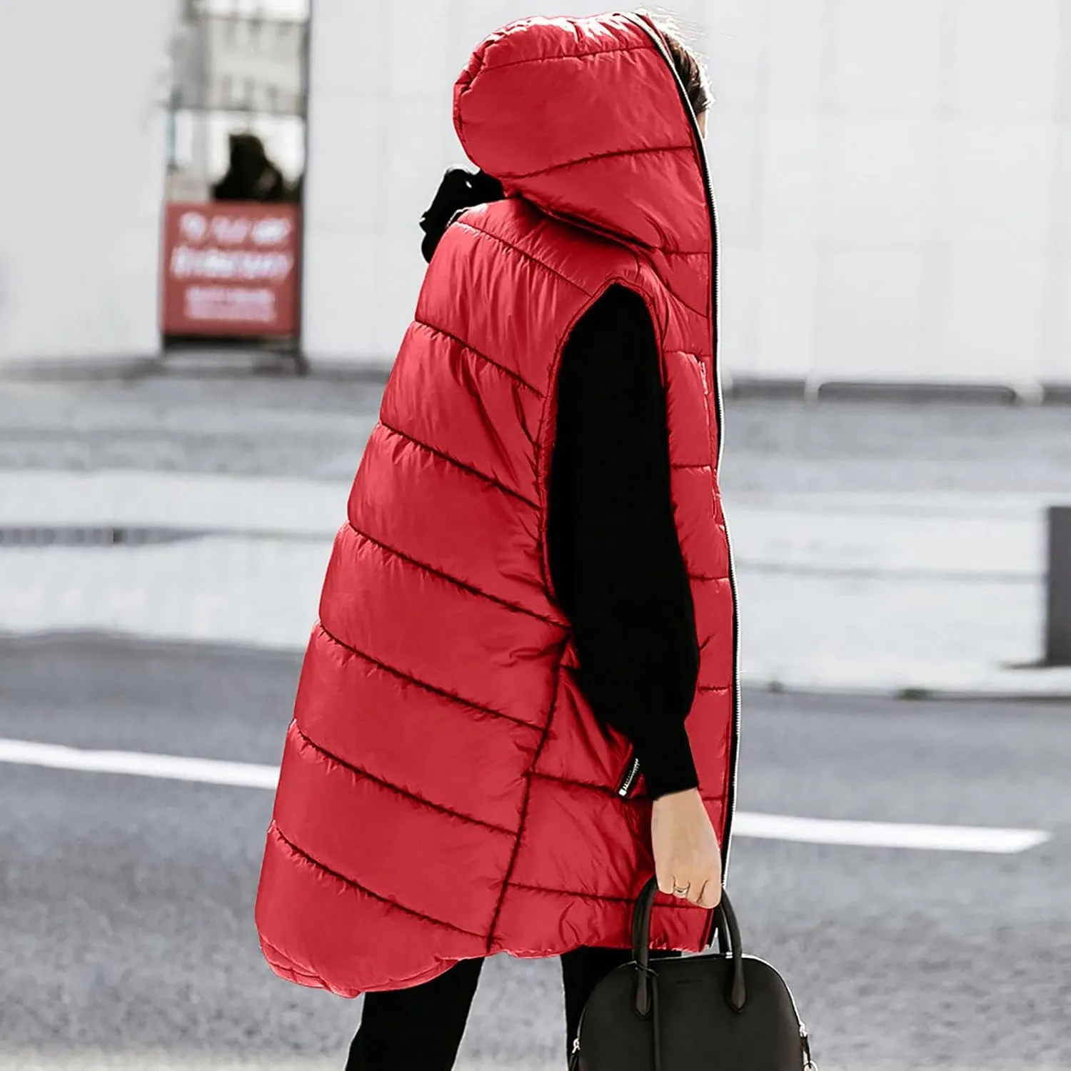 Women's Long Quilted Vest Hooded Full-Zip Sleeveless Down Coat Outwear With Pockets 2024 Winter Warm Padded Jacket