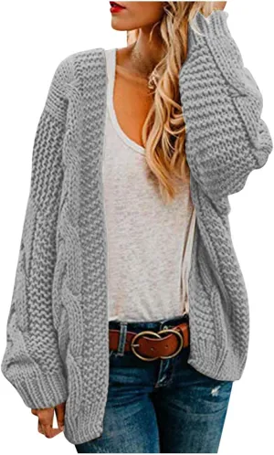 Womens Long Sleeve Chunky Knit Cardigan Open Front Cozy Oversized Sweater Coat Fashion Solid Loungewear with Pocket