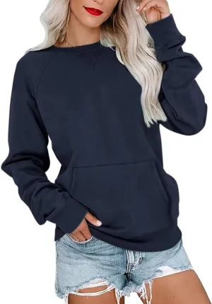 Womens Long Sleeve Sweatshirt Casual Crewneck Cute Pullover Tops Lightweight Sweatshirt with Pocket