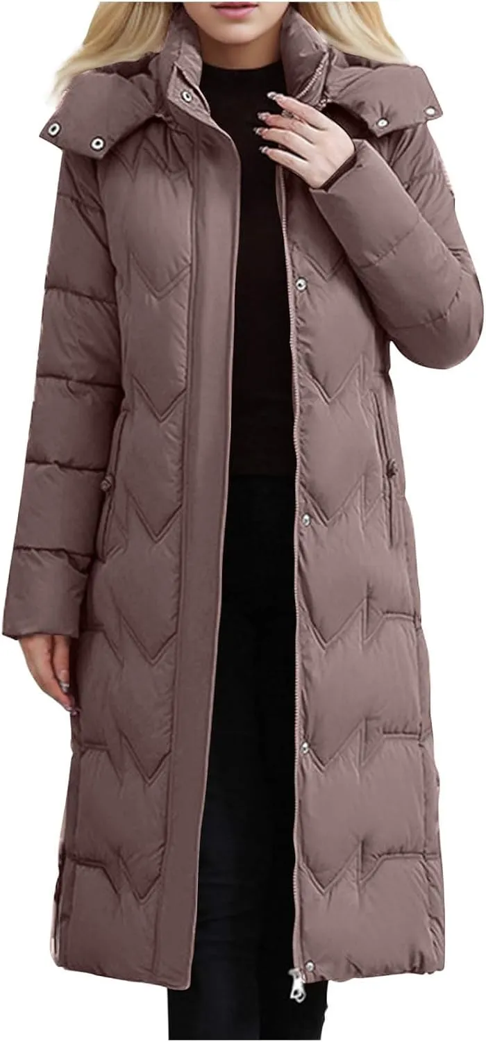 Women's Long Warm Winter Puffer Jackets Plus Size Padded Trench Coats Full Length Thicken Quilted Overcoats With Hood