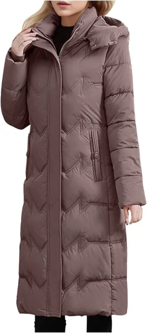 Women's Long Warm Winter Puffer Jackets Plus Size Padded Trench Coats Full Length Thicken Quilted Overcoats With Hood