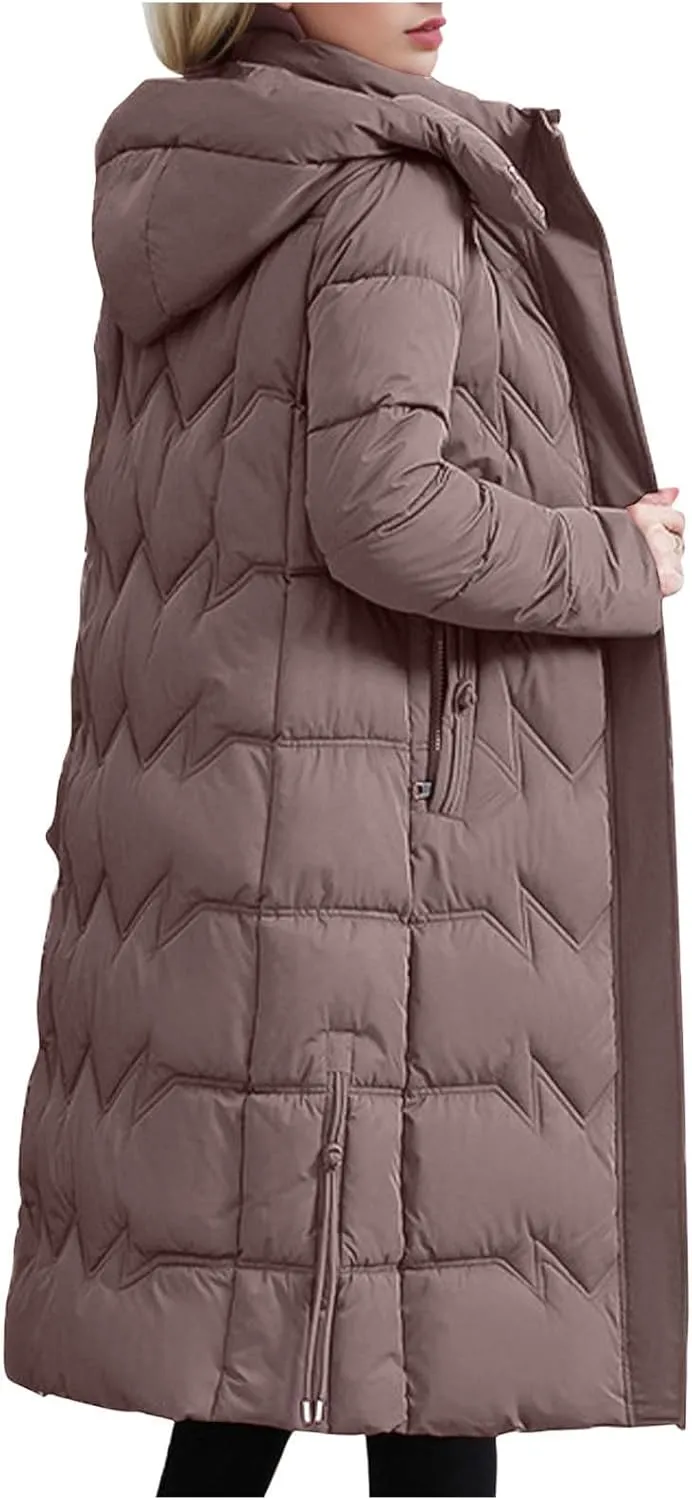 Women's Long Warm Winter Puffer Jackets Plus Size Padded Trench Coats Full Length Thicken Quilted Overcoats With Hood