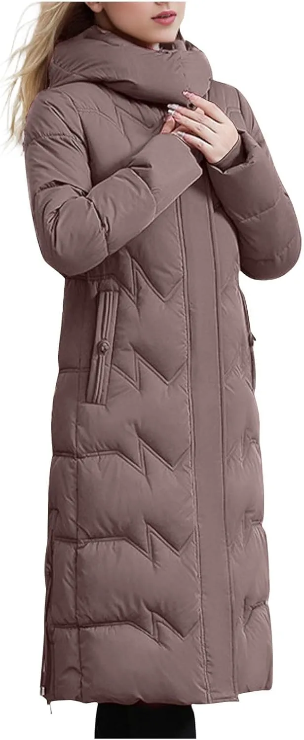 Women's Long Warm Winter Puffer Jackets Plus Size Padded Trench Coats Full Length Thicken Quilted Overcoats With Hood