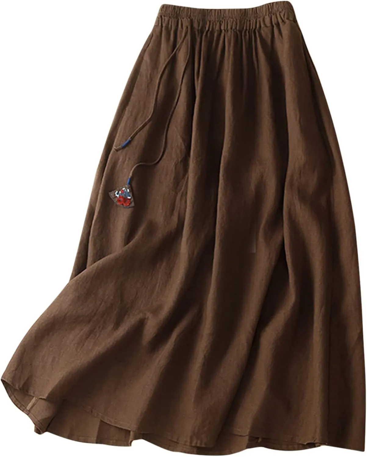Women's Loose Casual Cotton Skirt A Line Mid Length Half Skirt Linen Long Skirt Skirt Pleated (Coffee, M)