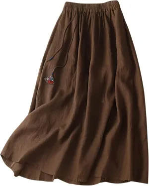 Women's Loose Casual Cotton Skirt A Line Mid Length Half Skirt Linen Long Skirt Skirt Pleated (Coffee, M)