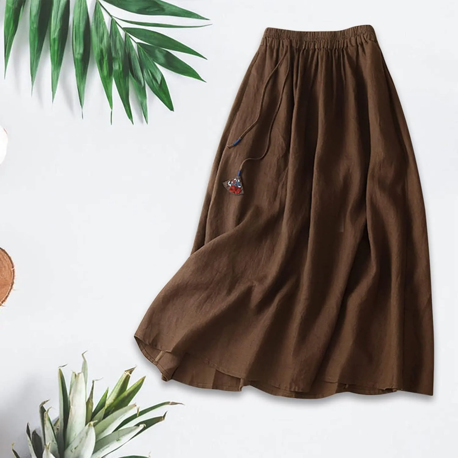 Women's Loose Casual Cotton Skirt A Line Mid Length Half Skirt Linen Long Skirt Skirt Pleated (Coffee, M)