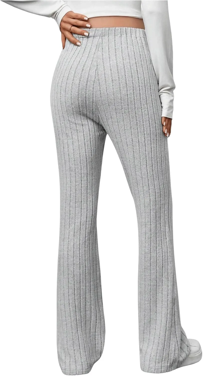 Women's Maternity Casual Adjustable High Waist Solid Flare Leg Ribbed Knit Pants Trousers