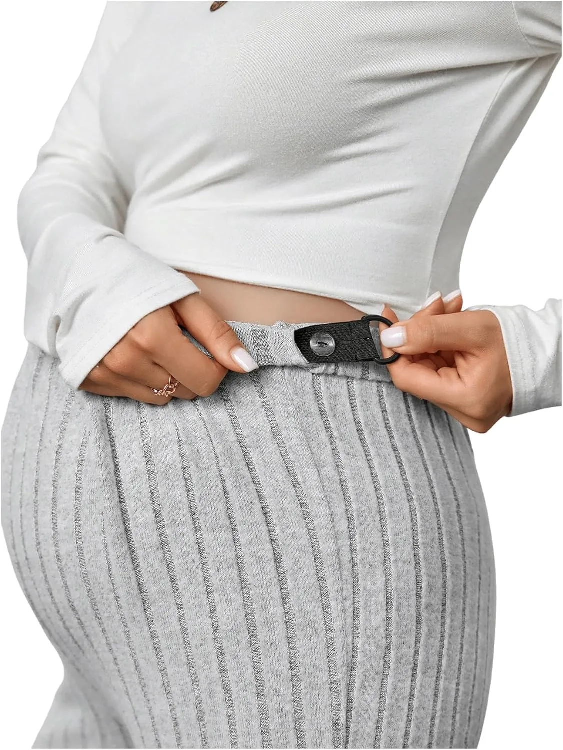 Women's Maternity Casual Adjustable High Waist Solid Flare Leg Ribbed Knit Pants Trousers