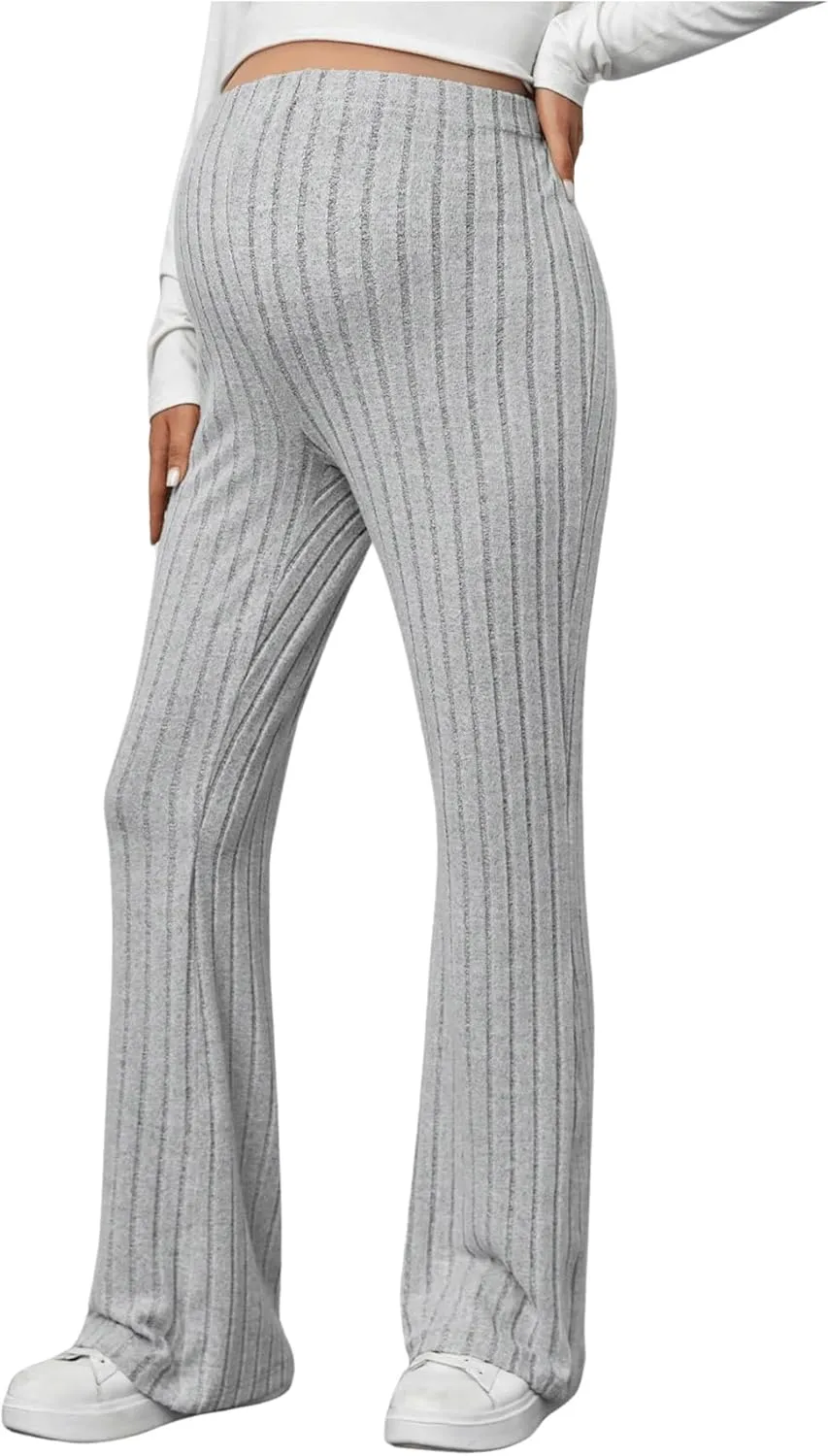 Women's Maternity Casual Adjustable High Waist Solid Flare Leg Ribbed Knit Pants Trousers