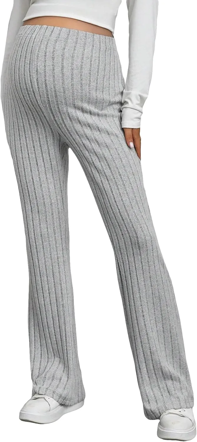 Women's Maternity Casual Adjustable High Waist Solid Flare Leg Ribbed Knit Pants Trousers