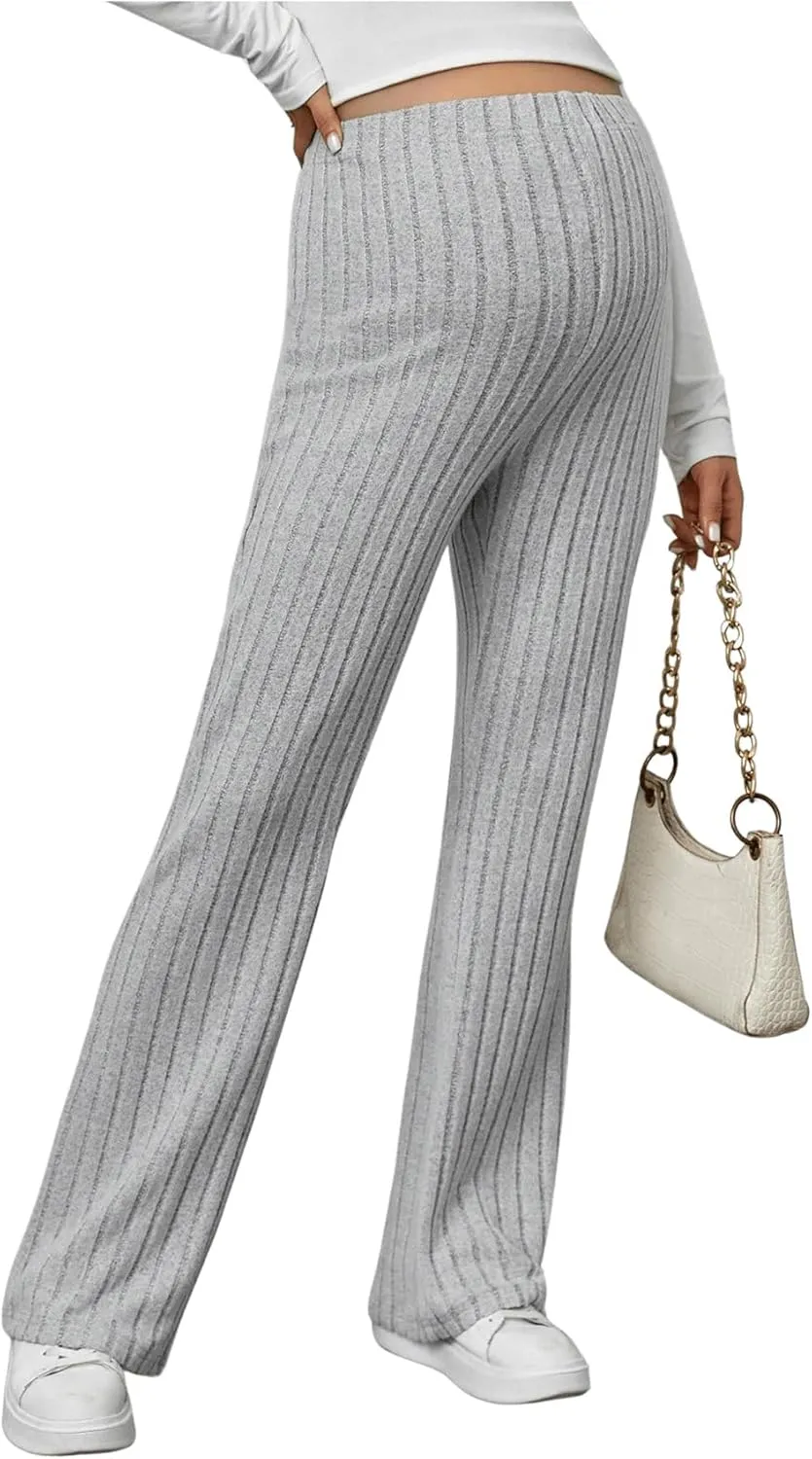 Women's Maternity Casual Adjustable High Waist Solid Flare Leg Ribbed Knit Pants Trousers